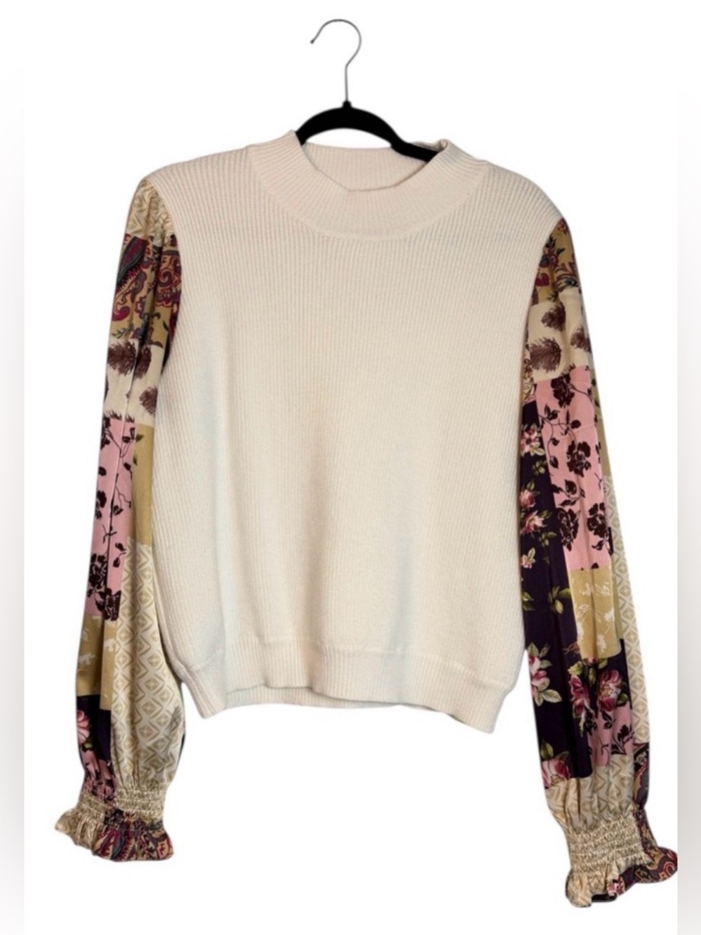 THML Cream Ribbed Sweater with Floral Puff Sleeves (Multi) - Picture 11 of 11